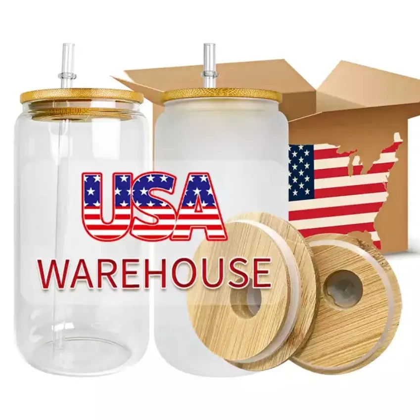 US Warehouse 16oz Sublimation Glass Mugs Cup Blanks With Bamboo Lid Frosted Beer Can Glasses Tumbler Mason Jar Plastic Straw
