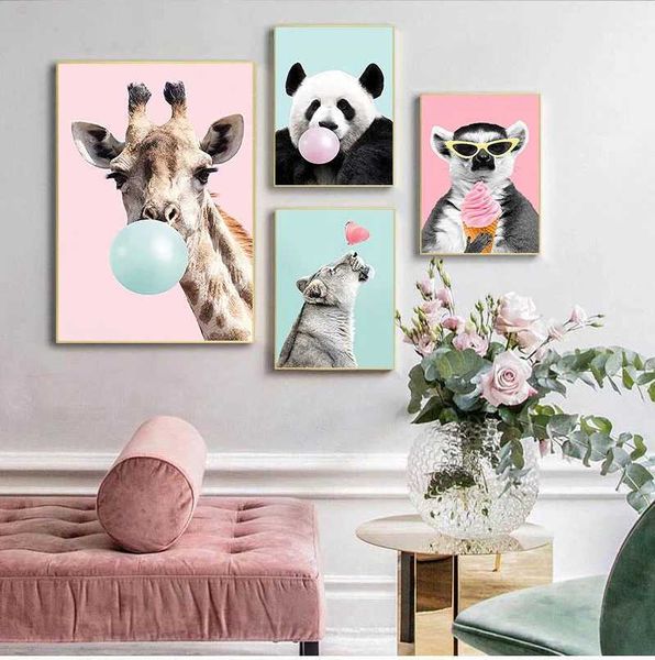 Giraffes and pandas with bubble posters and cute photos suitable for childrens rooms daycare canvas waterproof material frameless M241216