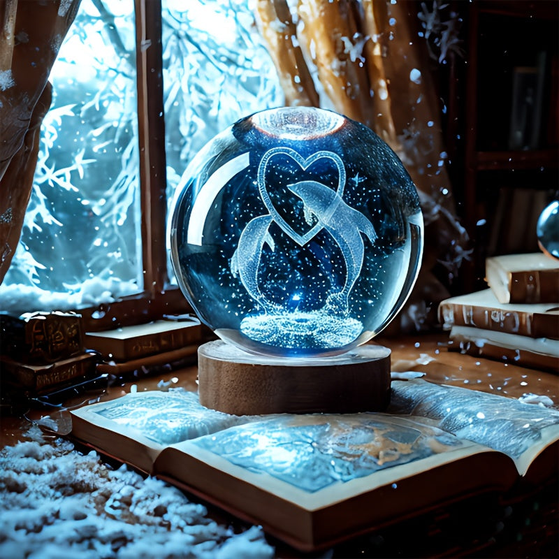 TEMU Love Dolphin Crystal Ball Night Light | 2.36in (6cm), 3d | Usb Powered | Colorful, Desktop Decoration For Living Room And Bedroom; Christmas,