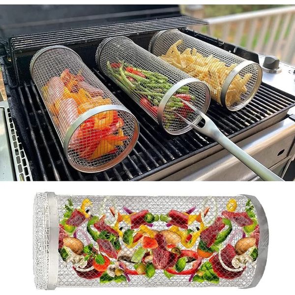 BBQ Grill Basket Rolling Grilling Barbecue Cages Grate Cylinder Baskets for Outdoor Camping 241007