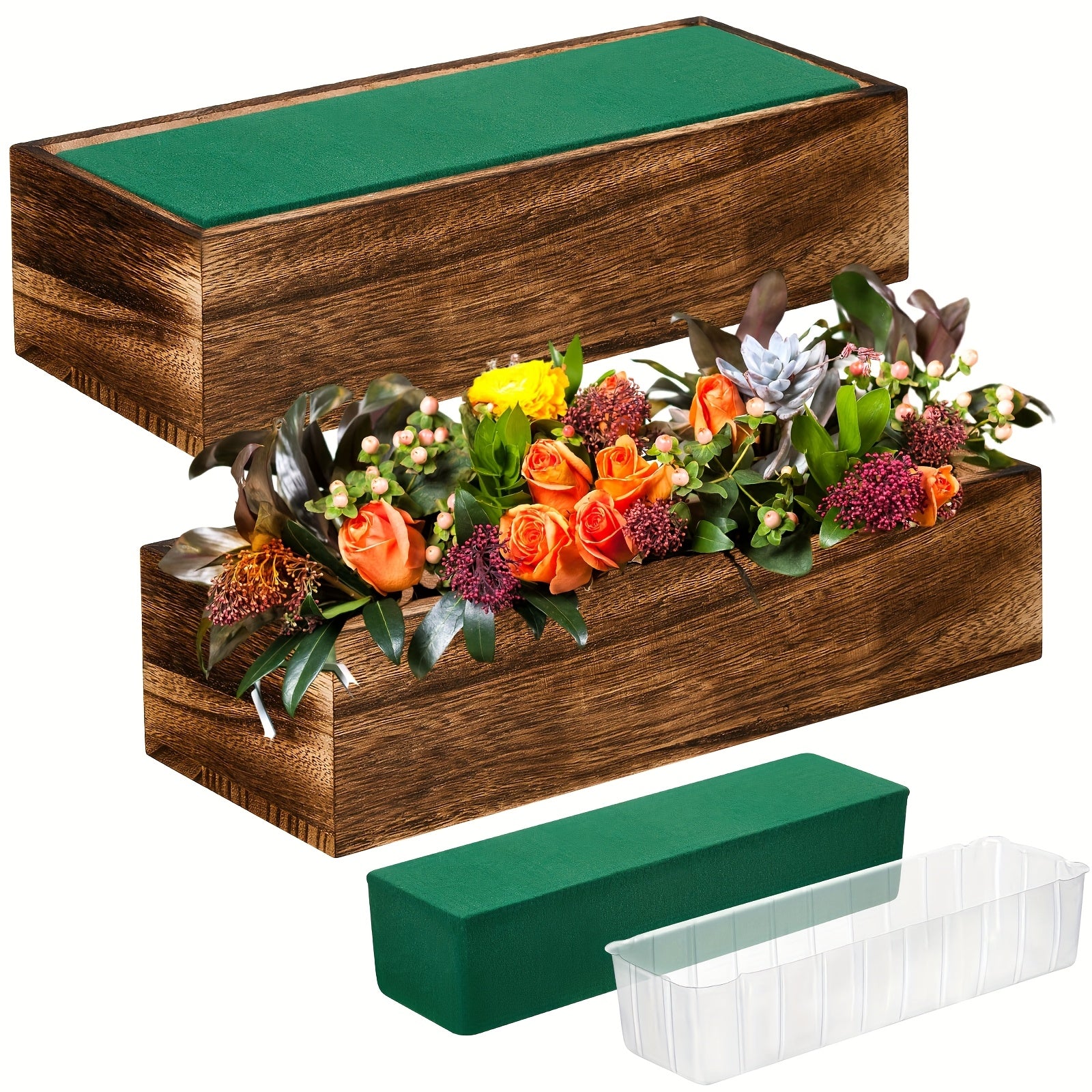 TEMU 4 Set Wood Boxes For Centerpieces Rectangle Wooden Planter Box Rustic Wood Planter With Removable Plastic Liner Floral Foam Blocks For
