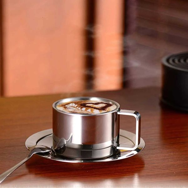 Stainless steel coffee cup set double walled coffee cup with sauce and spoon coffee latte tea espresso cup X241205