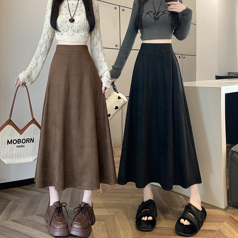 PU 2025 autumn and winter Korean version high waist hips cover thin knee medium and long deerskin velvet skirt big swing umbrella skirt