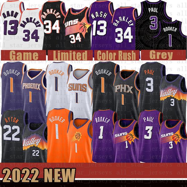 Phoenixs Sun Basketball Jersey 13 34 Devin Booker Chris Paul DeAndre Ayton 2022 Mens 1 3 22 Steve Nash Charles Barkley Purple