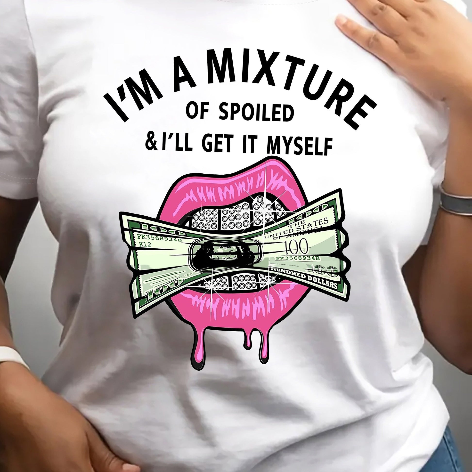 TEMU Women's Money & Lips Graphic Tee - Soft, Breathable, Short Sleeve Crew Neck - Spring-summer Casual & , Ladies Tops And Blouses For Summer