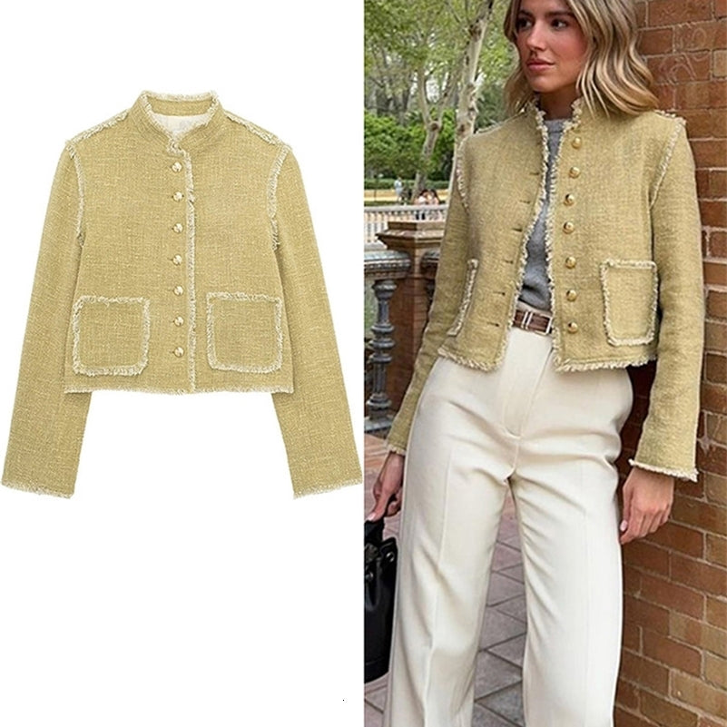 Elegant Tweed Womens Coat Fashion Single Breasted Stand Collar Pockets Jacket Spring Office Lady Female Furry Edge Outwear 240806