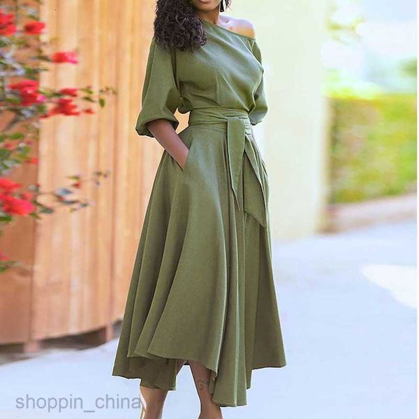 Basic Casual Dresses for Woman Summer Women&#039;s Oblique Shoulder Collar Tie Up Waist Style Solid Color Flare Dress
