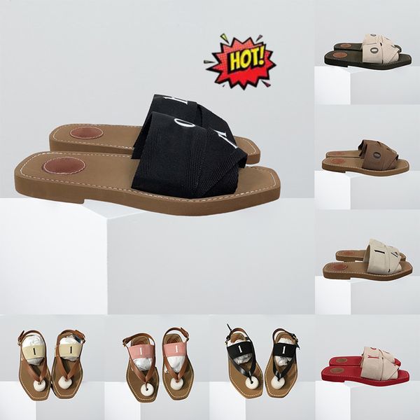 Designer Sandals For Womens Ladies Lettering Fabric Canvas Mules Low Heels Fashion Luxury Ladies Summer Casual Shoes Slippers Wood Slide Wom