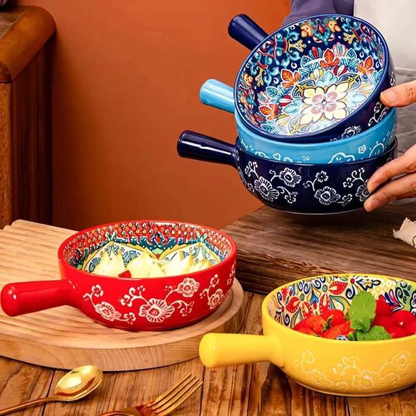 Bohemian Ceramic Hand-Painted Embossed Patterned Salad Bowl with Handle Kitchen Bakeware Microwave Oven Safe 1 pcXJ241214