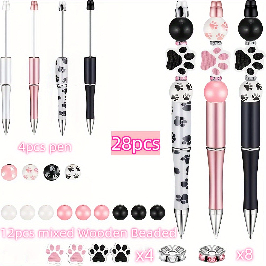 TEMU Village 28-piece Beaded Pens Diy Kit With 4 Ballpoint Pens, 12 Wood & Acrylic Beads - Paw For Office & School Supplies, Craft Gift Set -