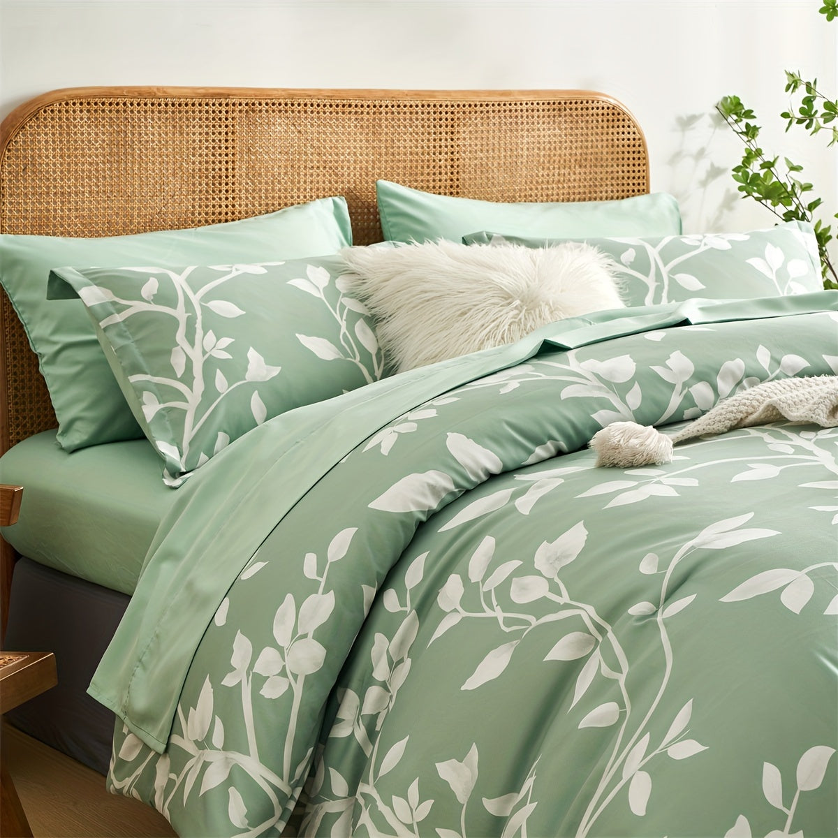 TEMU 7pcs Green Flowers And Plants Pattern Comforter Quilt, And Breathable Soft And Comfortable Bedding, Any Bed Room Or (1*quilt + 1*flat Sheet +