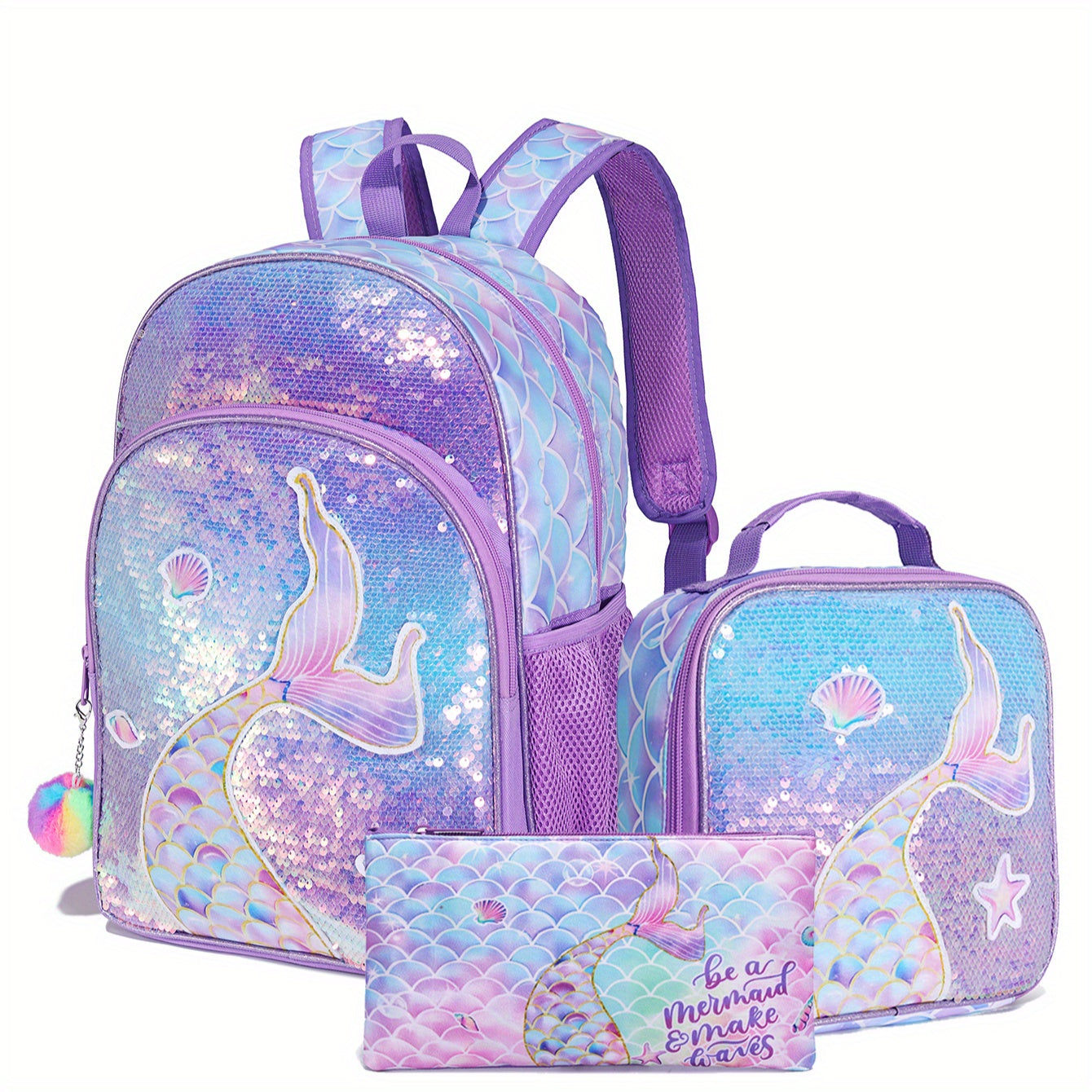 TEMU Mermaid Backpack, Lunch Bag, And Pencil Case Set Of Three. Made Of Durable, Material. Lightweight, Large Capacity With Multiple Pockets. Ideal