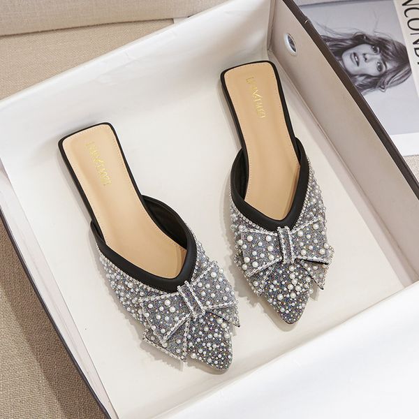 pointed bowknot toe women slippers pearl beading outdoor slides summer shoes glitter crystal semi-traig sandalias big size 43