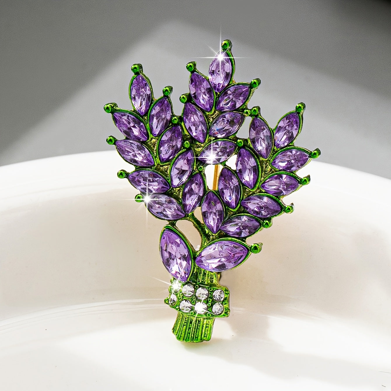 TEMU Elegant Lavender Brooch For Women – Glossy Green Stems With Purple Gemstones, Alloy & , Parties, Weddings, And Casual Attire