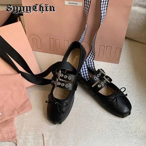 Wen Flats Fem Ballet Punk Doll Riband Shallow Bow Tie Sandals Ladies Fashion Desigh Sweet Retro Round Toe Buckle Cozy ShoesC241031
