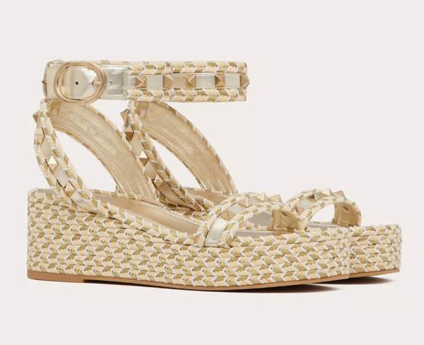 Designer Summer Luxury Women Studs Platform Wedge Sandals Shoes Grainy Calfskin Leather Rope Rubber Sole Lady Comfort WaLKing EU35-43 X24102