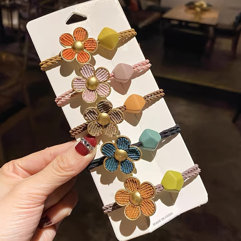 TEMU 5pcs Set Cute Floral Beaded Hair Ties, High No-damage Ponytail Holders For Women And Teens, Hairstyles Including High Ponytails, Valentine's Day