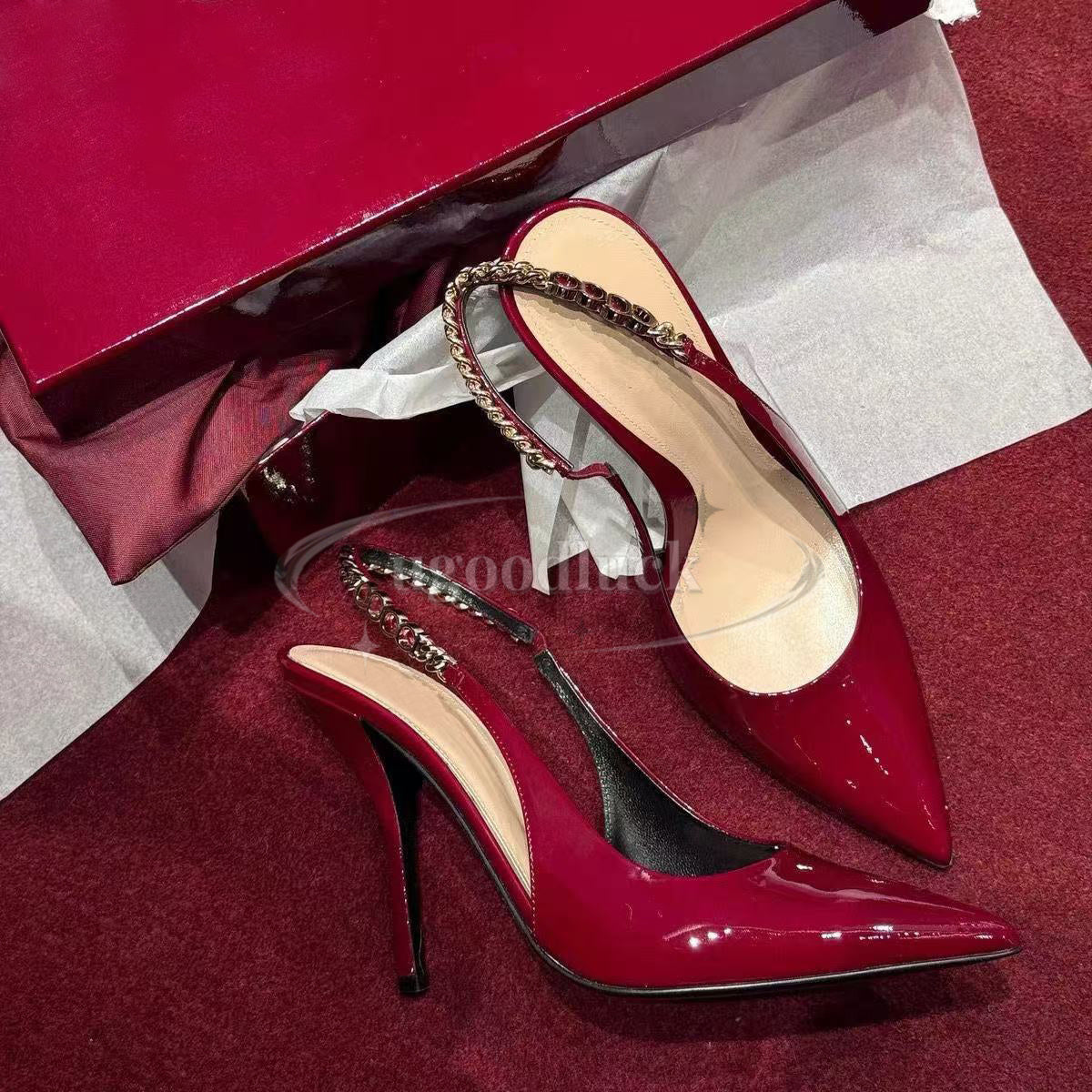 Designer heels Signoria Sandals Patent Leather Slingback Wine-red Black Women Shoes Summer High Heels Party Wedding Pointed Toe Lady Pumps size eur3