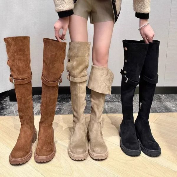 Sobre o joelho Cowboy Women Designer Plataforma de inverno Moda de camurça de pele Cunhas Taxa Boots High Motorcycle Shoes 2024 3724
