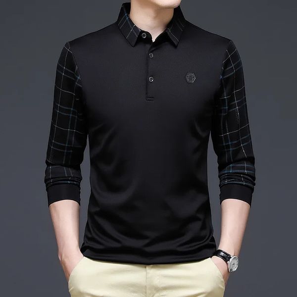 Fashion Solid Polo Shirt Men Korean Clothing Long Sleeve Casual Fit Slim Man Button Collar Tops 240108