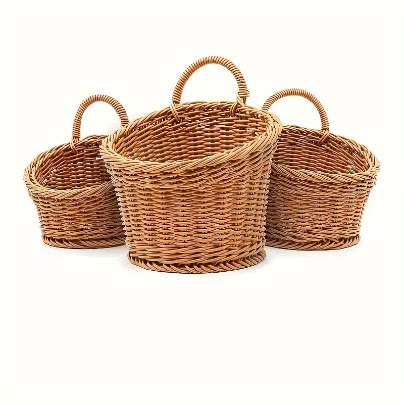 TEMU 3-pack Vintage-style Wall-mounted Kitchen Storage Baskets - Wicker-look Plastic Hanging Organizers With Hooks For Spices, Utensils, Herbs -