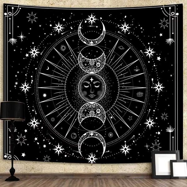 1 Piece Of 75x58CM Psychedelic Sun And Moon Constellation Tapestry Bedroom Decoration Black And White Pattern Wall HangingC250205