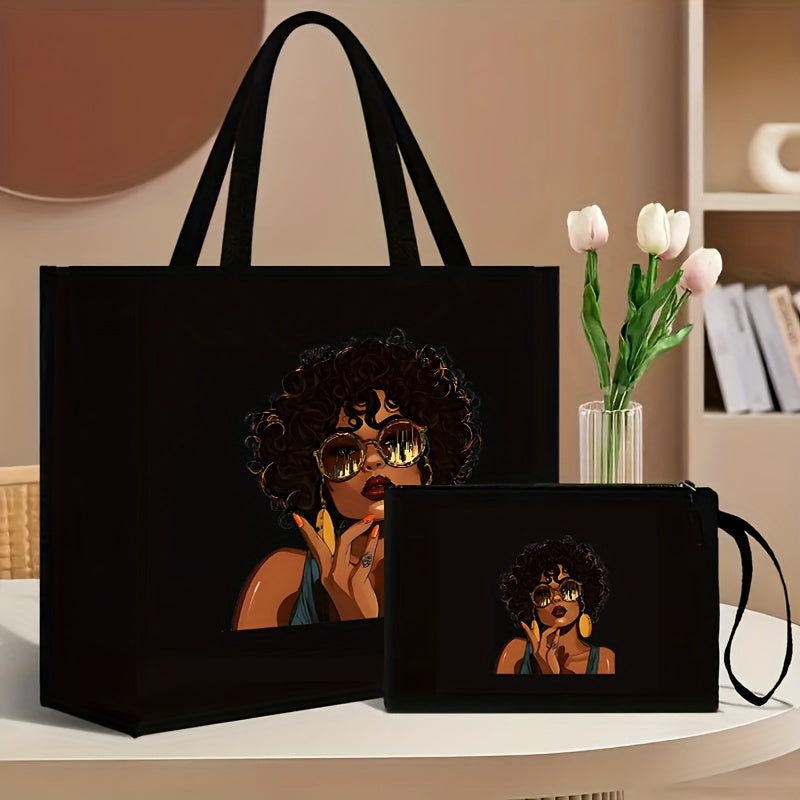 TEMU Elegant Beauty Print Satchel Set, 2pcs Lady Portfolio Handbag, With Makeup Bag, Lightweight And Large Capacity, Very Suitable For Work, School,