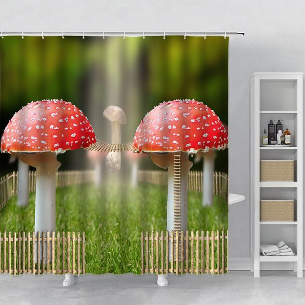 Fantasy Shower Curtain River with Pond Mushroom Jungle Trees Print Bathroom Curtains Polyester Bathroom Decor Hanging Curtains