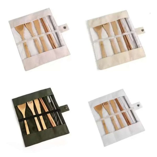 Wooden Dinnerware Set Bamboo Teaspoon Fork Soup Knife Catering Cutlery Sets With Cloth Bag Kitchen Cooking Tools Utensil Wholesale AA
