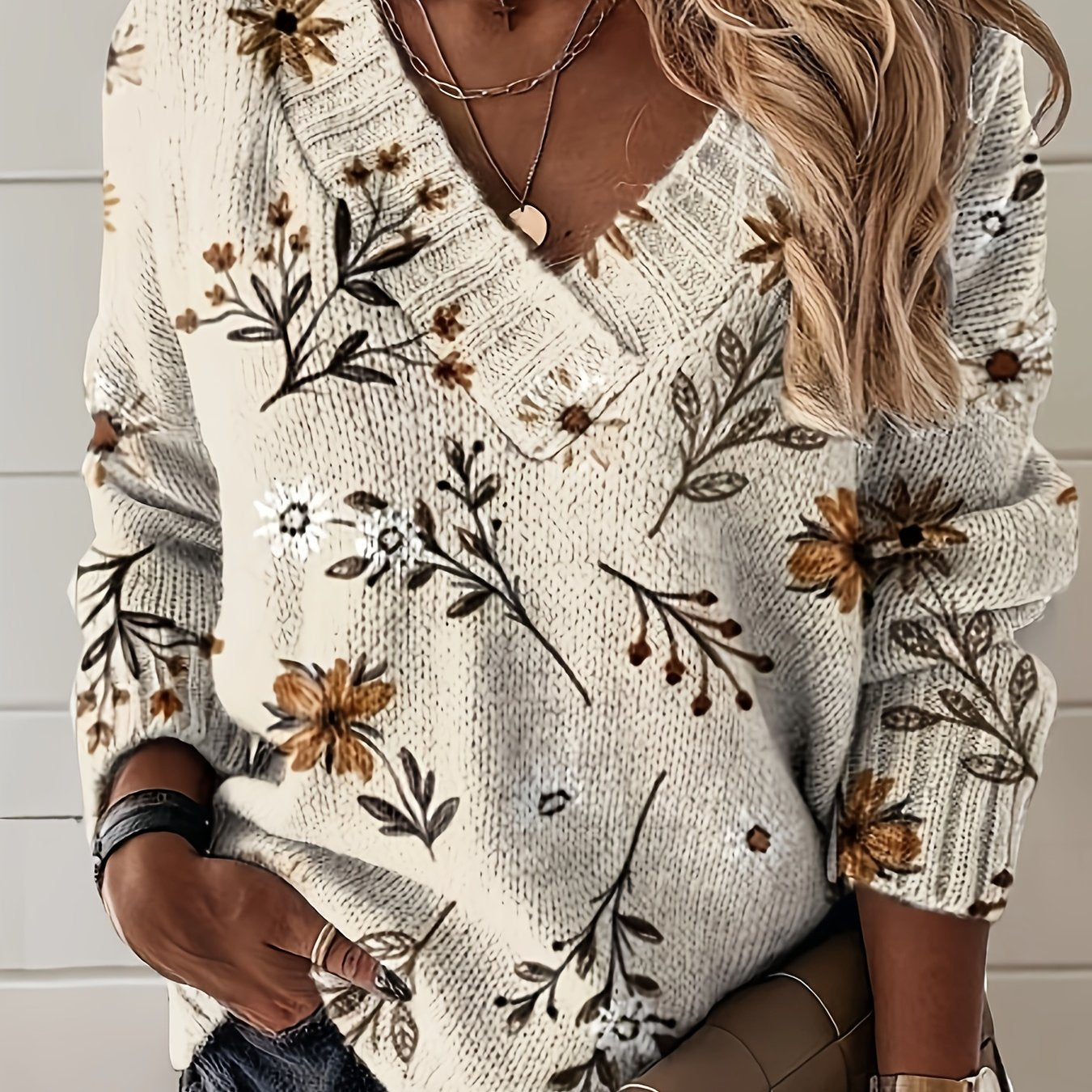 TEMU Women's 3d Floral Print V-neck Sweater - Soft Cardigan, Brown & Pattern, Layering Piece For Casual & Formal Occasions, Fashionable Button