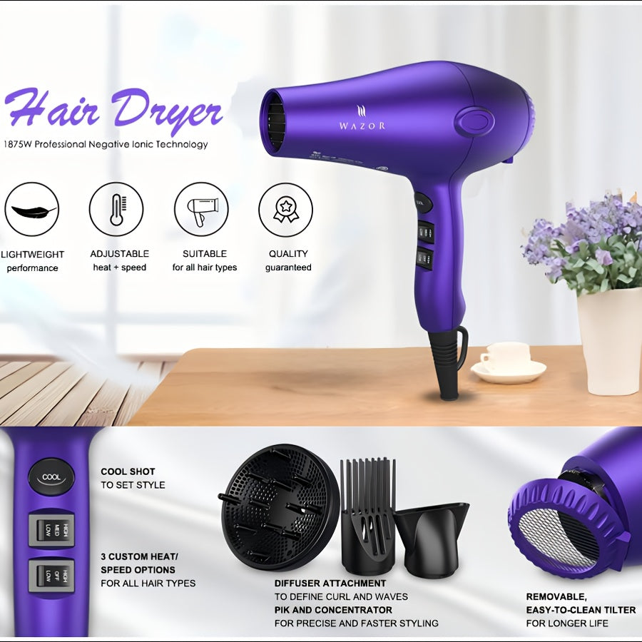TEMU 3rd Generation Lightweight Hair Dryer, 1875w Ceramic Negative Blow Dryer & 2 Heat Settings With Diffuser Concentrator Comb, Hair Dryers For