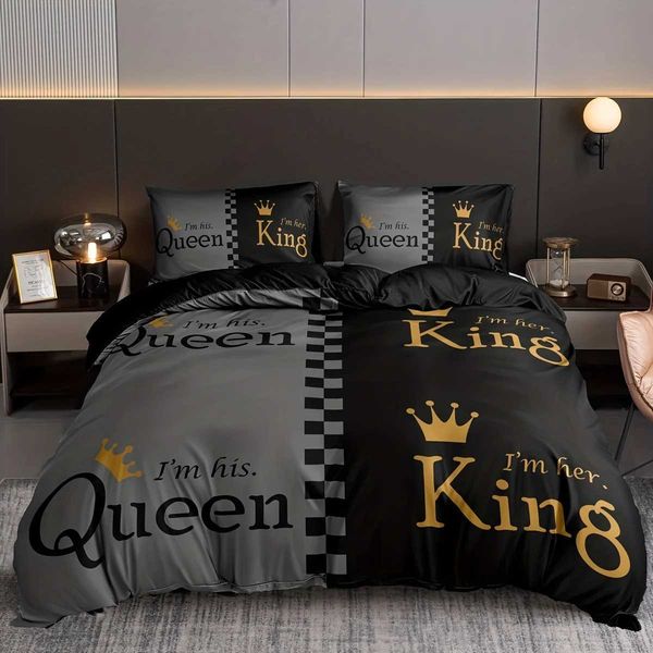 Bedding sets Deluxe Black Gold Crown Love Couple 3Pcs Large Down Duvet Cover Linen Sheet Set Childrens Bed 200x200 240x220 J240507