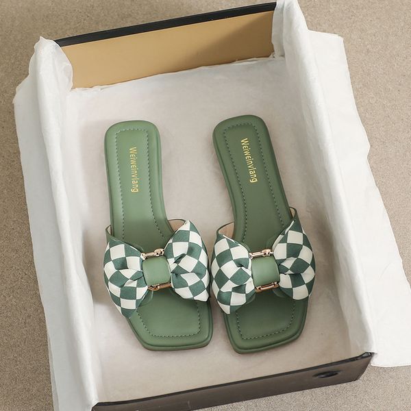 checkered bowknot slippers women candy color green-pink slides summer shoes 41-43 big size flipflops outdoor plaid bow pantuflas