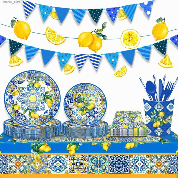 Disposable Dinnerware Blue and White Porcelain Lemon Party Disposable Tableware Sets Paper Plates Cups Napkins Party Dinnerware Decor L24091