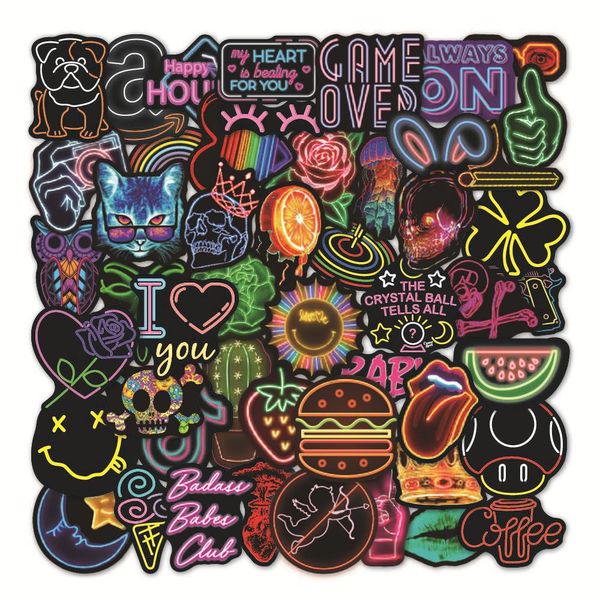 50pcs Neon Light Stickers Waterproof Car Decals Suitable Graffiti Skateboard Snowboard Laptop Lage Motorcycle Bike Home Decal Gifts for Kids