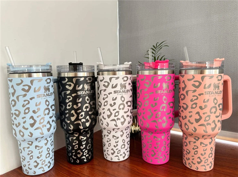 Mugs stanley quencher 40oz tumbler Leopard Print stainless steel with handle lid straw big capacity beer mug water bottle powder coating outdoor