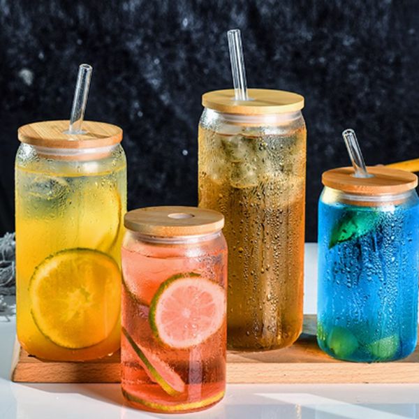 Frosted Sleek Clear Glass Tumblers With Sustainable Bamboo Caps Integrated Drink Straw - Perfect For Sodas And Beers (Choice Of Sizes 16Oz 1