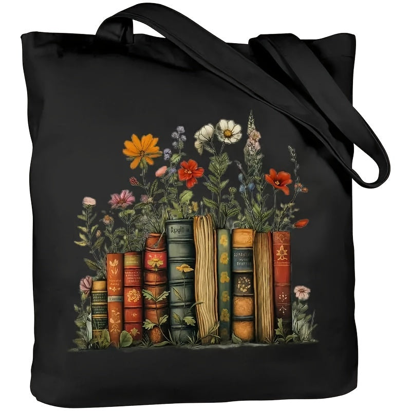 TEMU Canvas Tote Bag With Flower And Books Print – , Machine Washable, Foldable Lightweight Shoulder Bag For School, Shopping, And