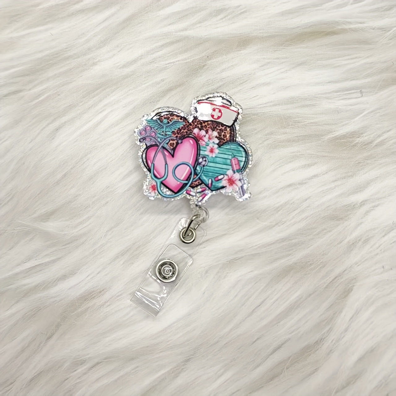TEMU 1pc Acrylic () Heart-shaped Badge Reel, Leopard Print, Retractable Id Card Holder, Stylish Badge For Nurses, Doctors, Hospital Staff, Office