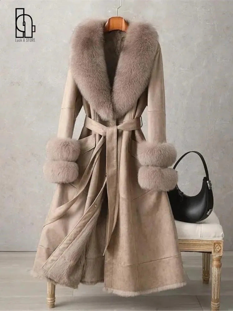 Rabbit Skin Fur Warm Thick Coat Vintage Winter Medium Long womens Knee Fox Collar 241120