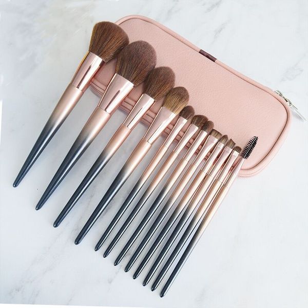 Sulfur sand series gradient color bag set, 12 wooden handle artificial fiber bristles makeup brush set