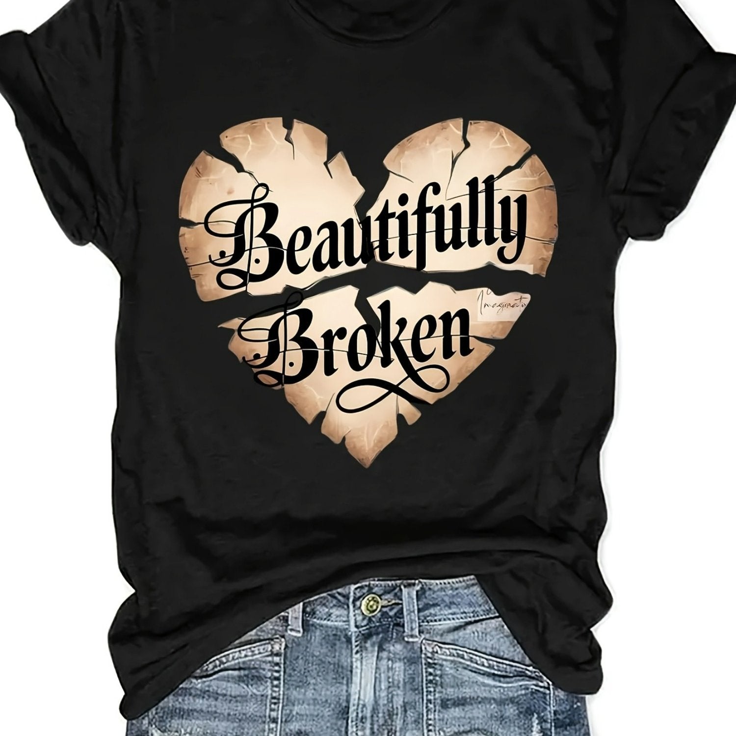 TEMU [regular "" Crew Neck] Women's Casual Crew Neck T-shirt With "" Heart Print, 100% Polyester Knit Fabric, Regular Length,