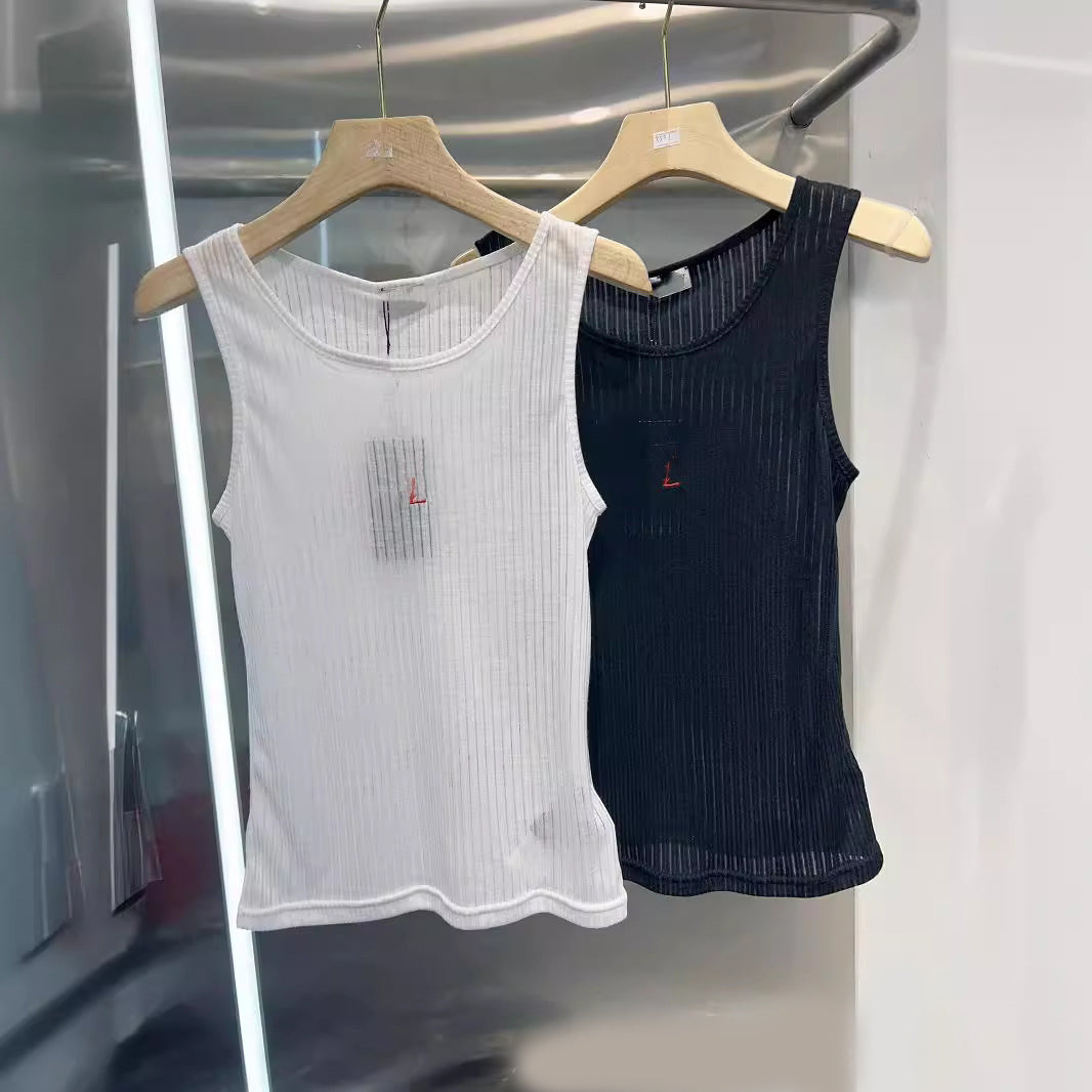 Women&#039;s Tanks Embroidery Logo Tank Top Summer Short Slim Navel Elastic Sports Knitted Tanks