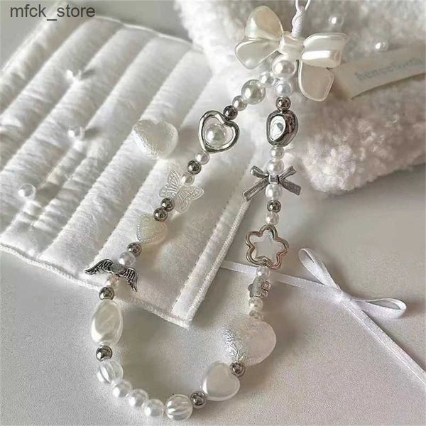 Cell Straps Charms INS Korean Cute White Bow Heart Pearl Beads Beaded Phone Chain For iPhone Camera Rope Anti-Lost Lanyard Hanging Jewelry J