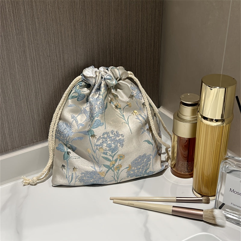 TEMU Elegant Floral Embossed Makeup Brush Organizer Bag - Pink & Blue , Zippered Cosmetic Storage Pouch For Women, Travel-friendly Polyester Lining,