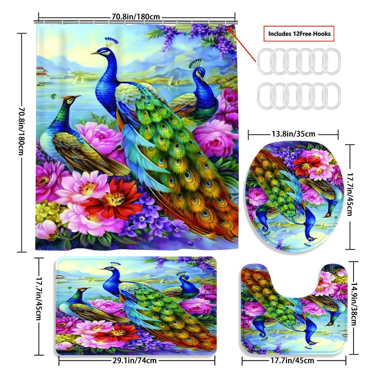 TEMU 4pcs Blue Curtain Decoration, Beautiful Housewarming Gift, Decoration, Shower Curtain And Toilet Floor Mat 3 Piece Set With 12 Shower Curtain