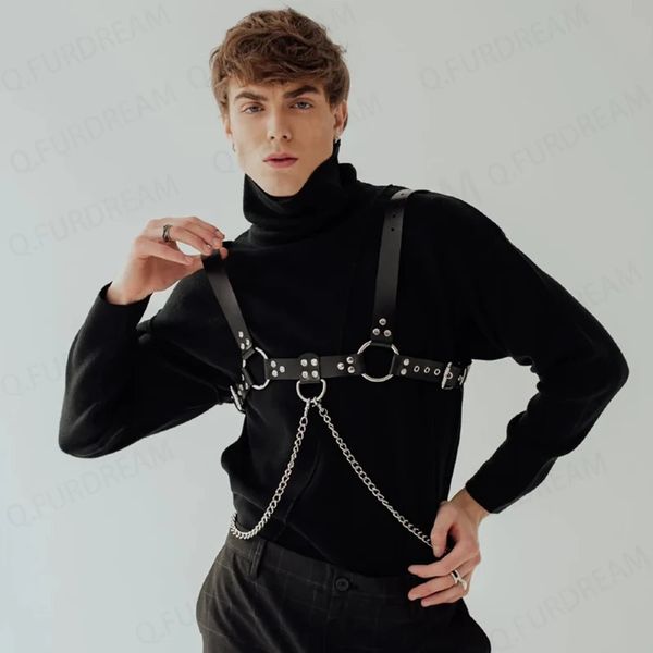 Gay Mens PU Leather Chest Harness with Chain Suspenders Festival Wear Carnival Rave Outfit Black Men Accessories250103