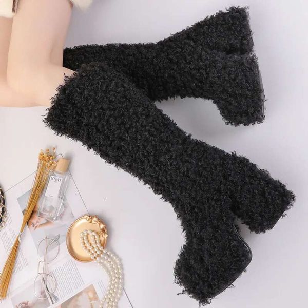 Oversized Runway Fashion Women&#039;s Boot European American Round Toe Waterproof Platform With Thick Heels Warm Lambhair Long Boots Kq3