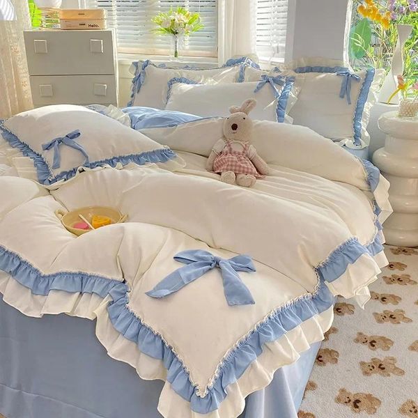 Bedding Sets Blue Kawaii Bed Sheet Pillowcase Fashion Girl Princess Duvet Cover 3-4 Pieces Cute Home Decoration