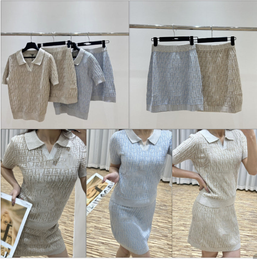 Thin Knitted 2 Piece Sets Women Polo Neck Short Sleeve T-shirts Tops Conjuntos Chic Elastic High Waist Slim Skirts Outfit